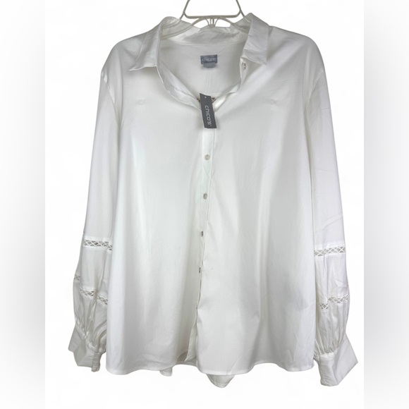 Chico’s White Blouse Shirt Poplin Billow Sleeve Inset Trim Plus Size 4-XXL READ - Picture 1 of 12